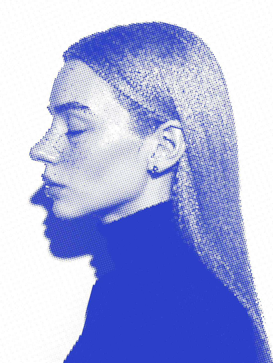 Aivy in profile, eyes closed, golden hair falling past her shoulder, printed in pink and blue halftone